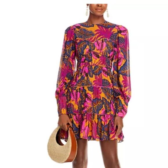 FARM RIO Pink Yellow Fruit Dream Long Sleeve Ruffle Pleated Mini Small $265 - Picture 11 of 14